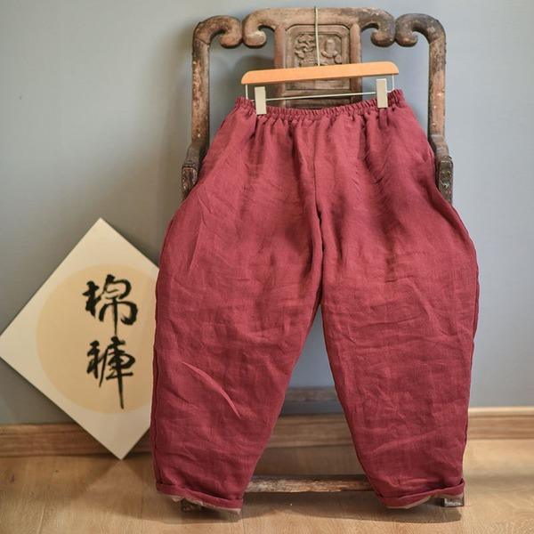 Women Loose Linen Elastic Waist Padded Pants Ladies Vintage Spliced Flax Trousers - Omychic