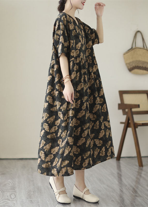Art Black V Neck Print Wrinkled Patchwork Cotton Dress Summer
