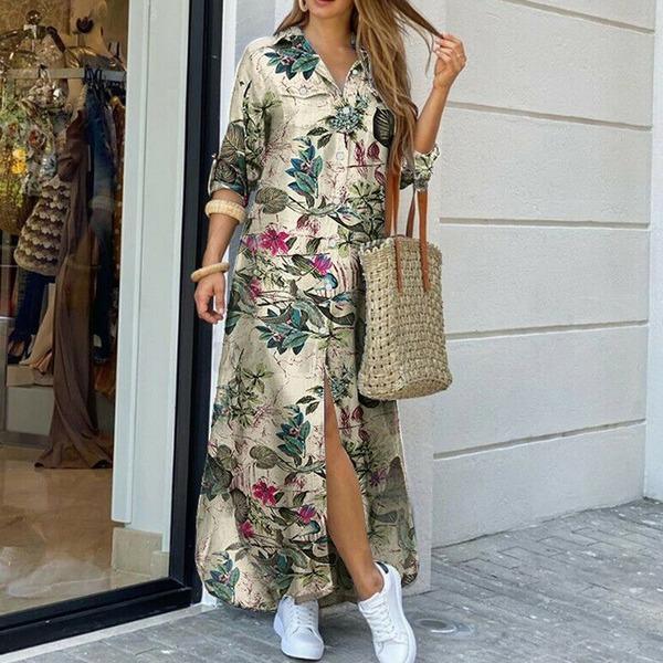 Summer Elegant Button Party Dress Casual Spring Long Sleeve Beach Maxi Dress Vestido - Omychic