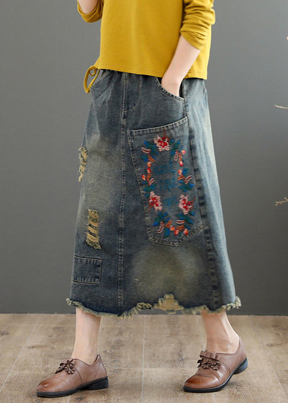 Vintage Grey Asymmetrical Embroideried Patchwork High Waist Denim Maxi Skirts Summer