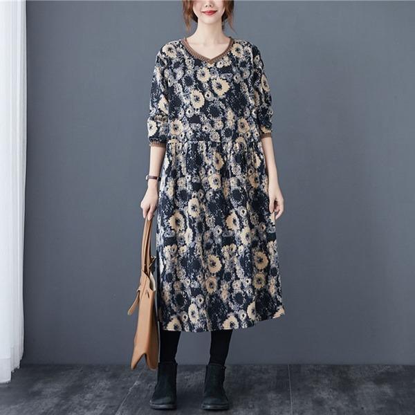 V-neck Floral Print Loose Comfortable Female Long Dresses - Omychic