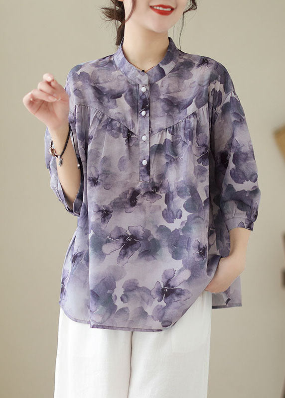 Vintage Purple Stand Collar Print Patchwork Cotton Shirt Tops Summer