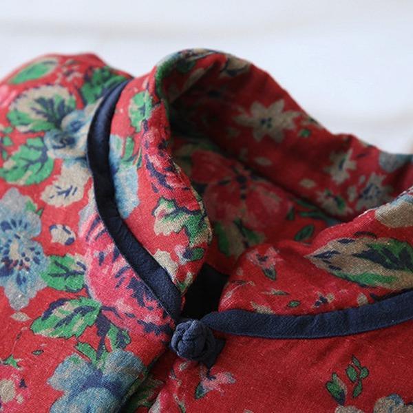 Women Red Print Floral Vintage Parkas Linen Pockets 2020 Winter New Chinese Style Parkas - Omychic