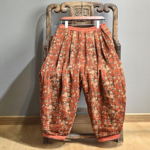 Women Loose Retro Printed Elastic Waist Padded Pants Ladies Vintage Print Winter Trousers Female 2020 Padded Trousers Pants - Omychic