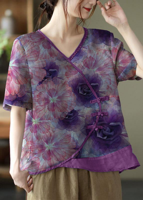 Simple Purple  Print Ramie Oriental Summer Tops