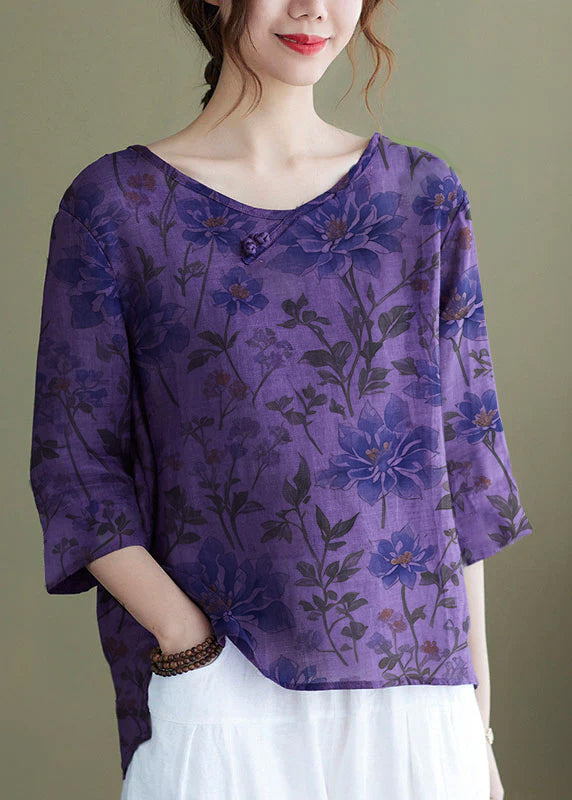 DIY purple-hem flower Embroideried side open Half Sleeve Top
