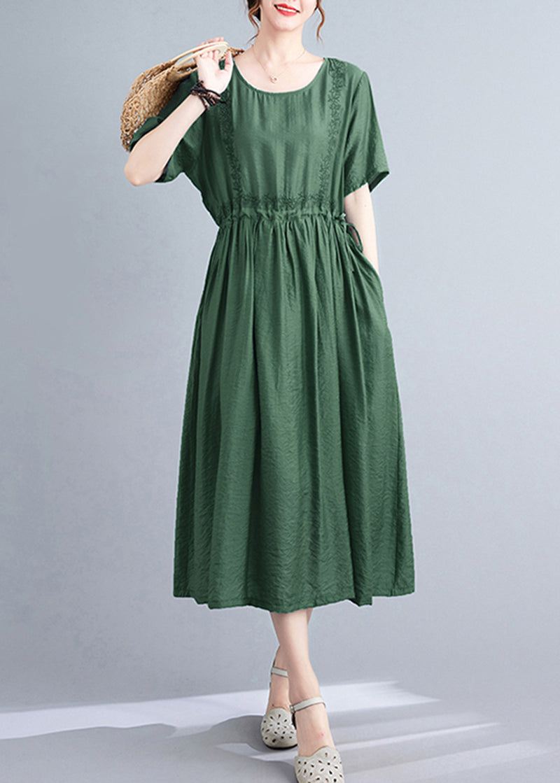 Women Blackish Green Embroideried Cinched Linen Silk Dress Summer