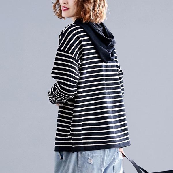 2020 Simple Style Striped Loose Comfortable Female Long Sleeve Hooded Sweatshirt - Omychic