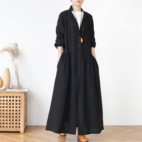 Button 2020 Spring Vintage Stand Long Sleeve Solid Color Robes Loose Coat - Omychic