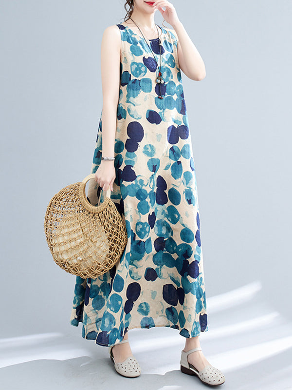 Polka-Dot Loose Round-Neck Maxi Dress