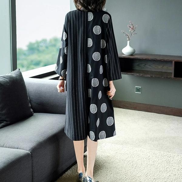 long sleeve plus size black cotton linen vintage  women casual loose autumn shirt dress - Omychic
