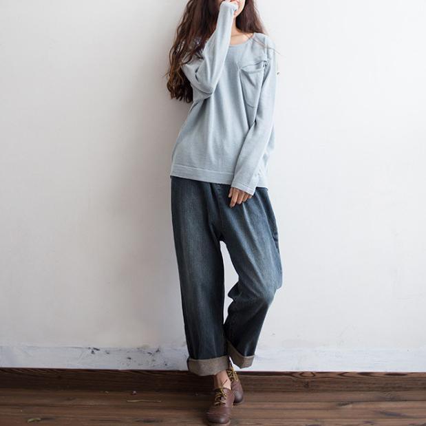 Denim Blue Casual Straight Pants Loose Elastic Waist Drawstring Jeans - Omychic