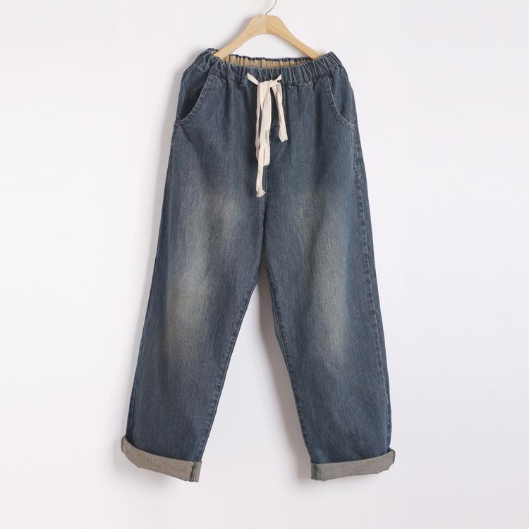 Denim Blue Casual Straight Pants Loose Elastic Waist Drawstring Jeans - Omychic