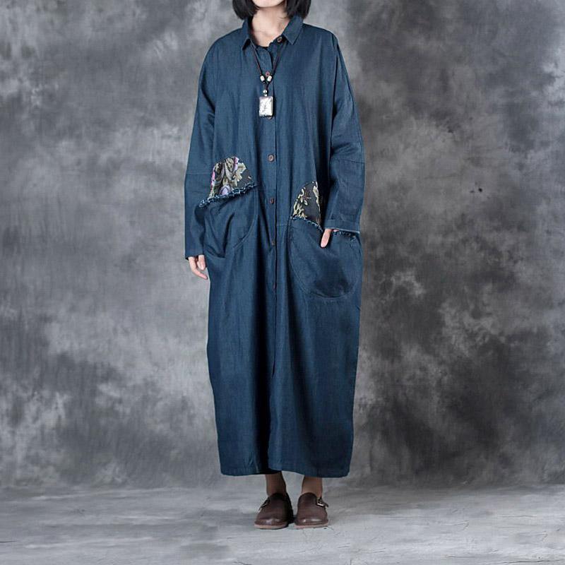 denim blue vintage cotton trench coat plus szie big pockets prints long coats - Omychic