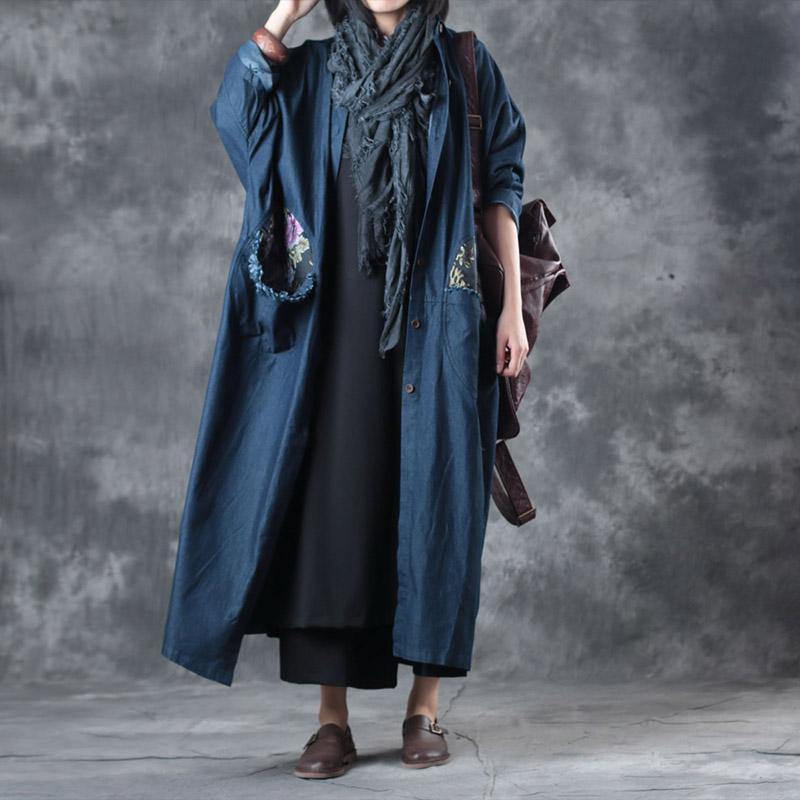 denim blue vintage cotton trench coat plus szie big pockets prints long coats - Omychic