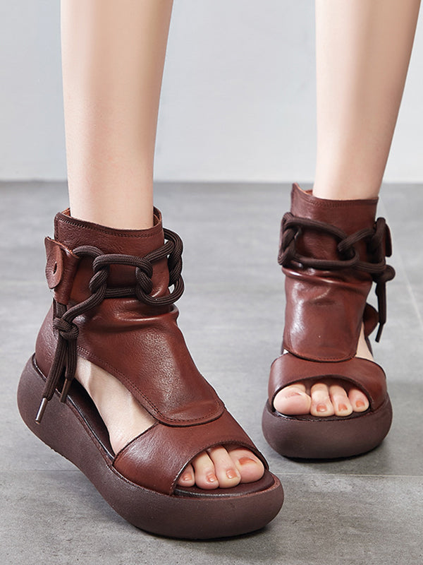 【Leather】Original Casual Solid Color Hollow Out Fish Mouth Platform Shoes