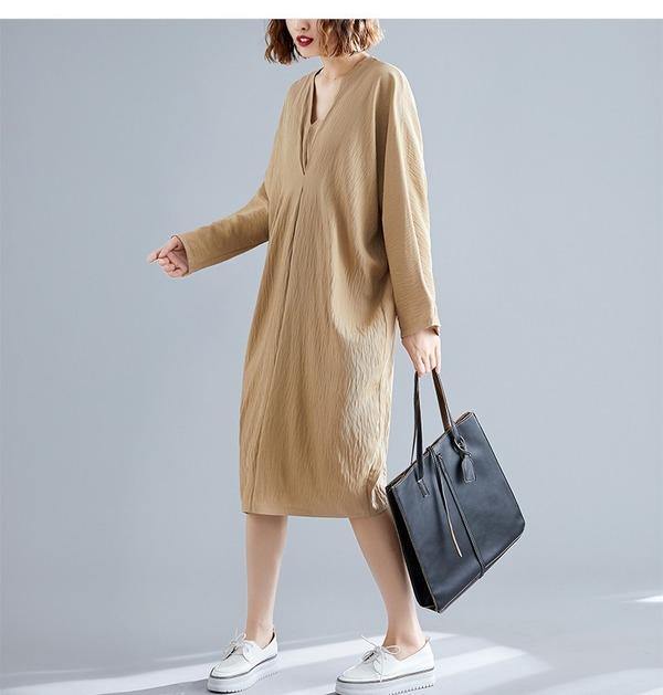 omychic plus size oversize cotton linen vintage for women casual loose midi autumn dress - Omychic