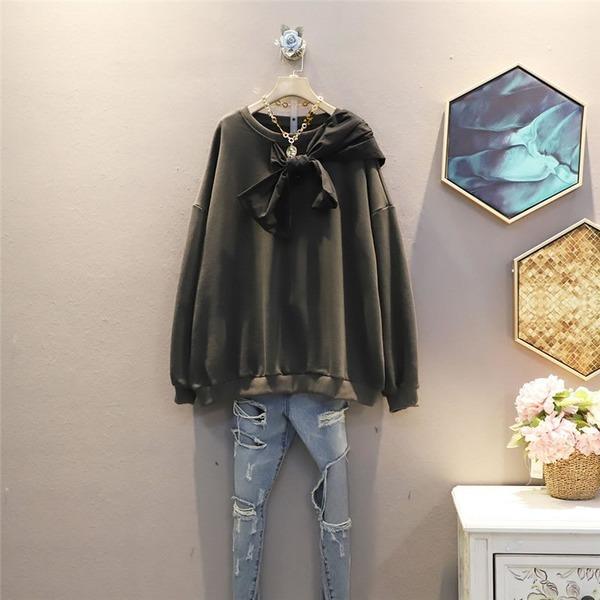 Patchwork Bow Solid Sweatshirt Women  Temperament All Match O Neck Women Clothes - Omychic
