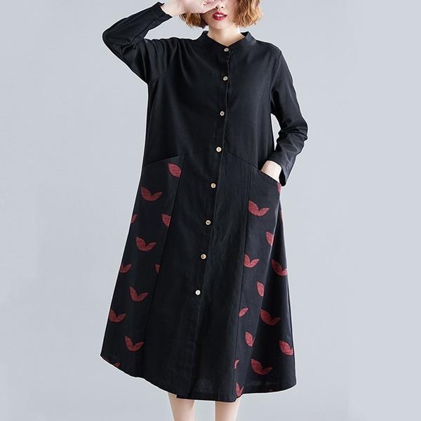 long sleeve cotton linen plus size vintage women casual loose spring autumn shirt dress - Omychic