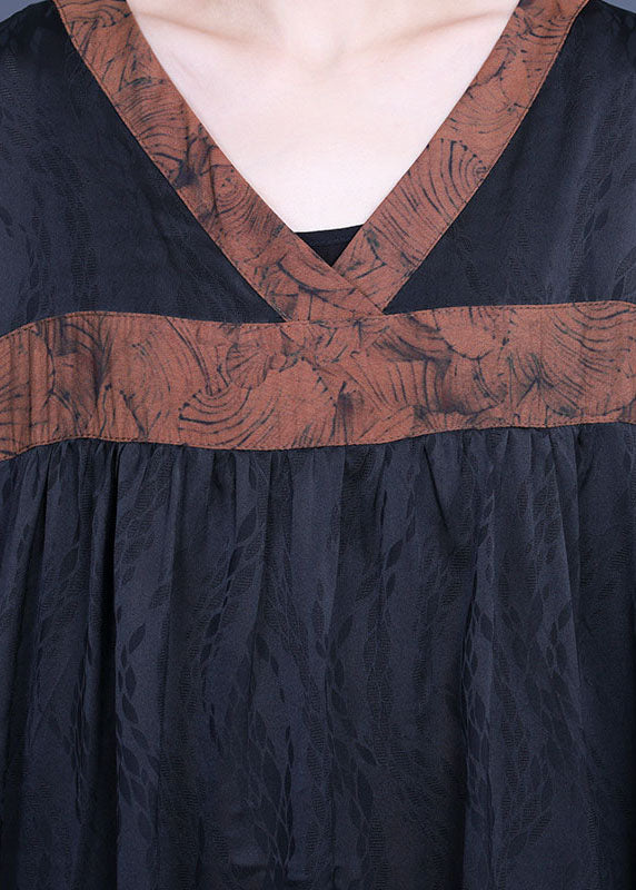 diy Black Asymmetrical Patchwork Silk Two Pieces Set Half Sleeve