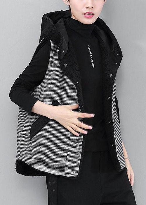 diy Black Hooded Plaid Patchwork Faux Fur Winter waistcoat
