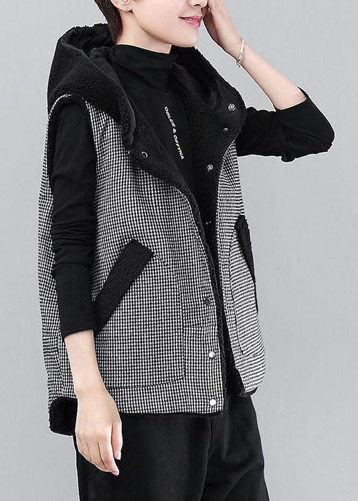 diy Black Hooded Plaid Patchwork Faux Fur Winter waistcoat