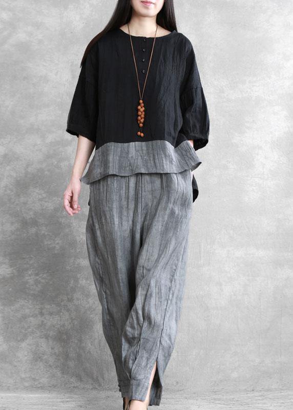 diy Black Retro Patchwork Fall Two Pieces Set Three Quarter Sleeve - Omychic