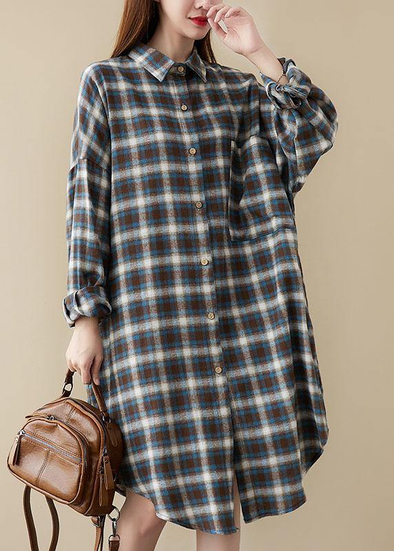 diy Blue Plaid Peter Pan Collar Button Pockets Fall Long sleeve Blouse Dresses - Omychic