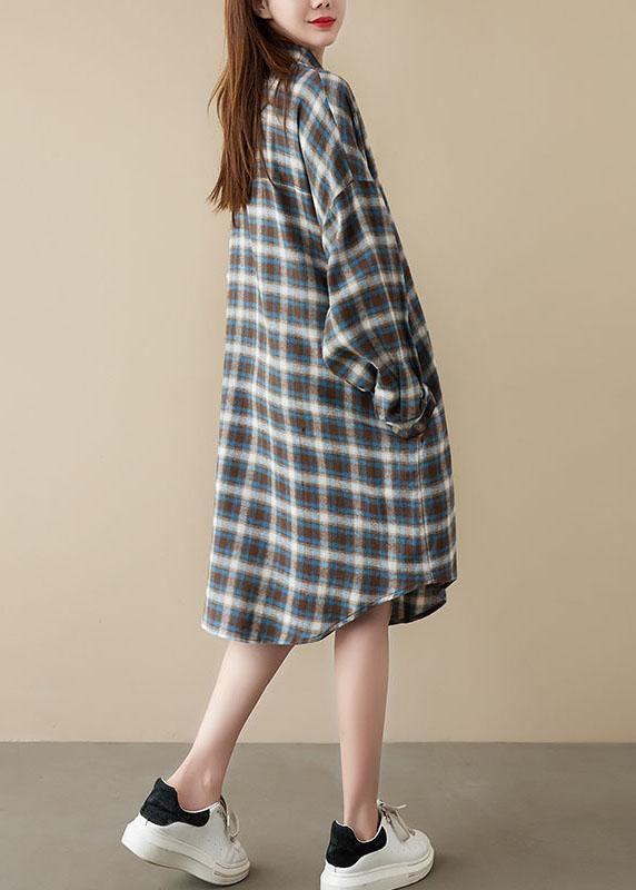 diy Blue Plaid Peter Pan Collar Button Pockets Fall Long sleeve Blouse Dresses - Omychic