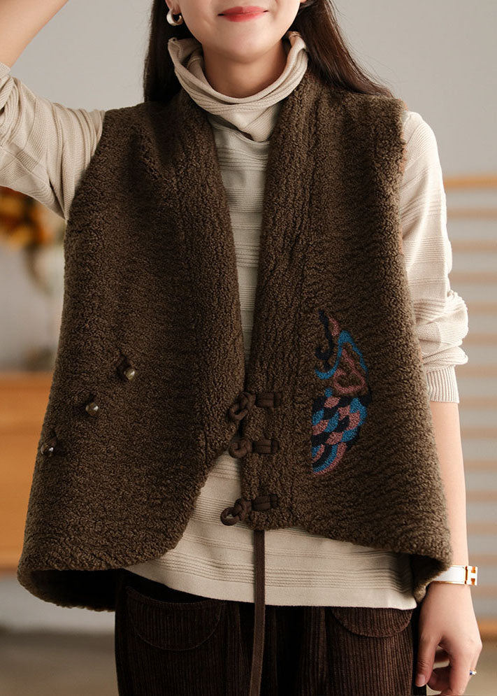 diy Coffee Embroideried asymmetrical design Faux Fur Vest Sleeveless