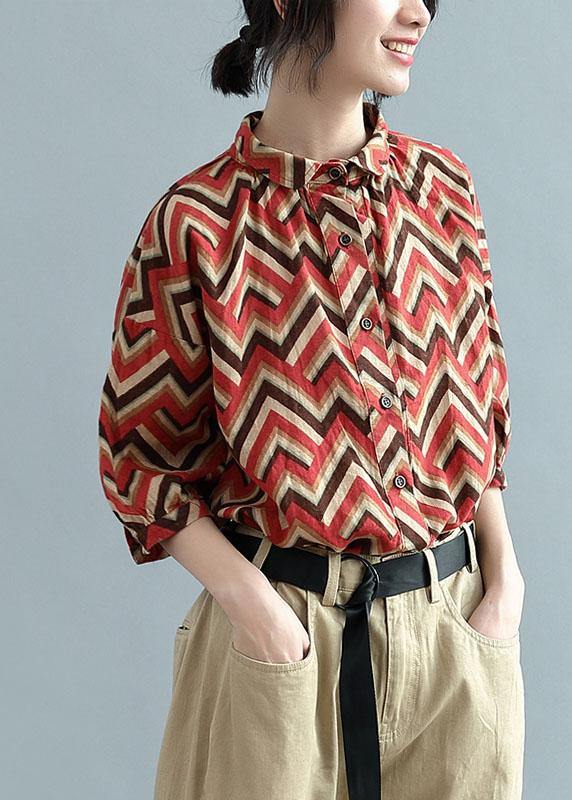 diy Red Print Button Fall Shirt Top Three Quarter Sleeve - Omychic