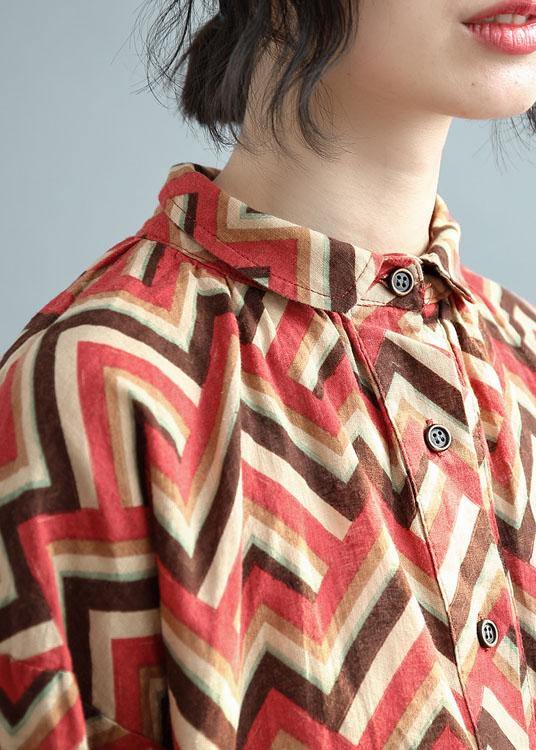 diy Red Print Button Fall Shirt Top Three Quarter Sleeve - Omychic