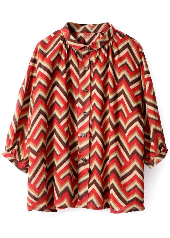 diy Red Print Button Fall Shirt Top Three Quarter Sleeve - Omychic