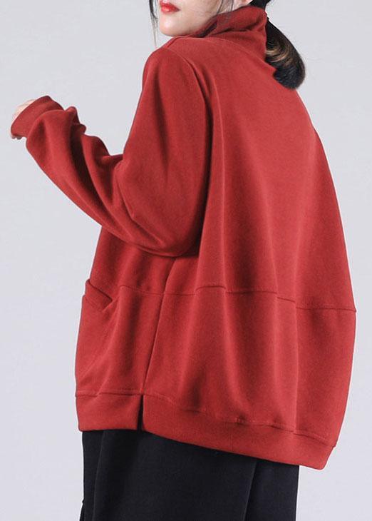 diy Red Turtle Neck Pockets Cotton Sweatshirt Street wear Winter - Omychic
