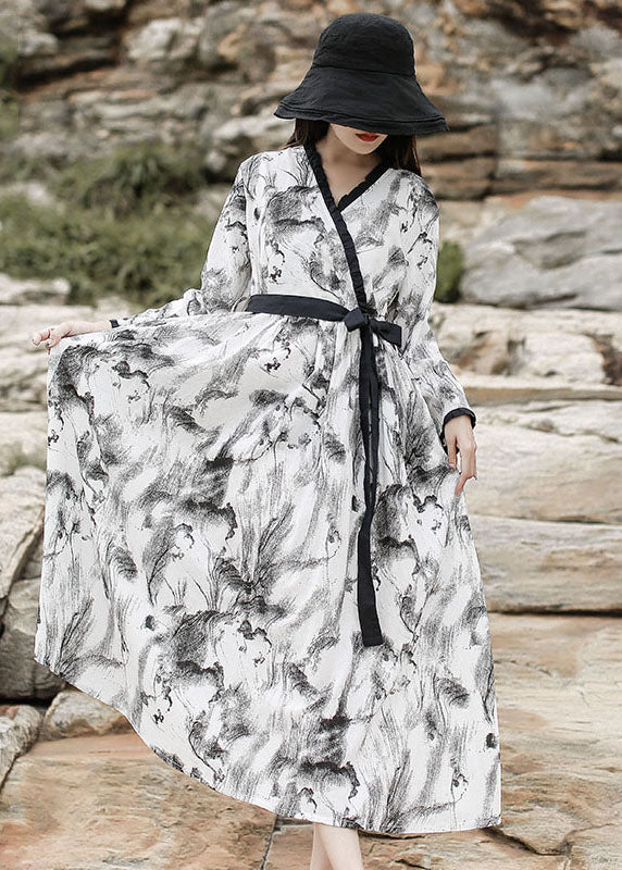 diy White V Neck Ruffled Print Maxi Dress Long Sleeve