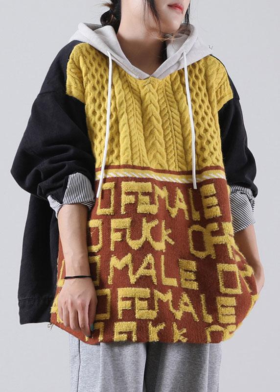 diy Yellow Hooded Graphic denim Patchwork Knit sweaters Winter - Omychic