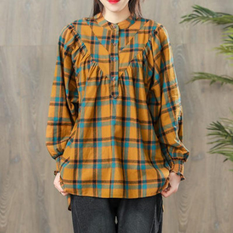 diy cotton clothes yellow For Women boutique Women Spring Vintage Pleated Plaid Pullover Shirt - Omychic