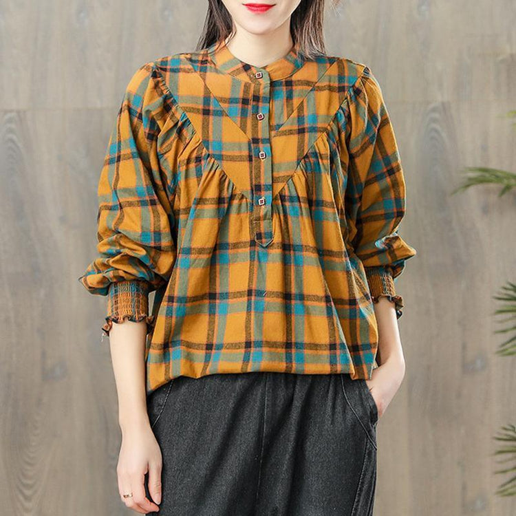diy cotton clothes yellow For Women boutique Women Spring Vintage Pleated Plaid Pullover Shirt - Omychic