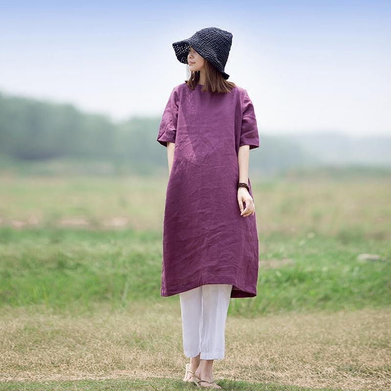diy half sleeve linen dresses Work purple Dress summer - Omychic