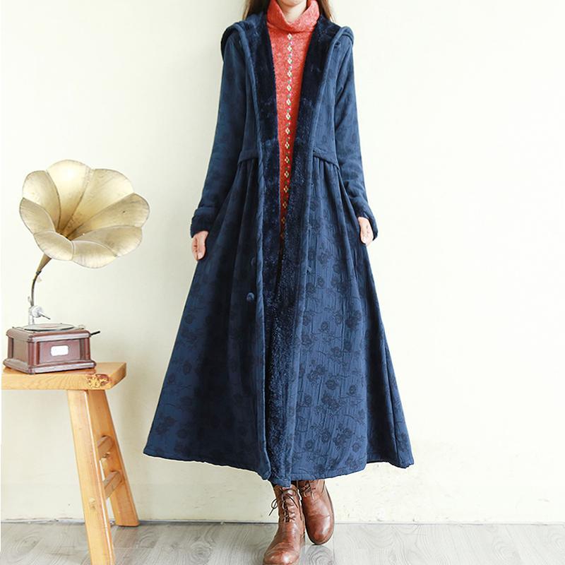 diy hooded Fine embroidery coats women navy Knee coats - Omychic