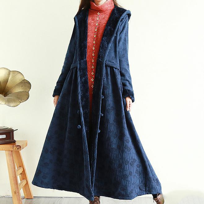 diy hooded Fine embroidery coats women navy Knee coats - Omychic