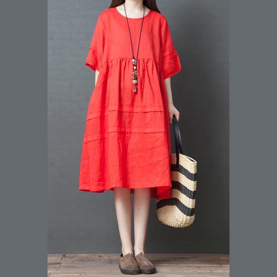 diy loose waist linen clothes Cotton red Dress summer - Omychic