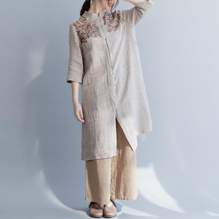 diy nude linen Tunic Pakistani Photography stand collar embroidery baggy spring shirts - Omychic