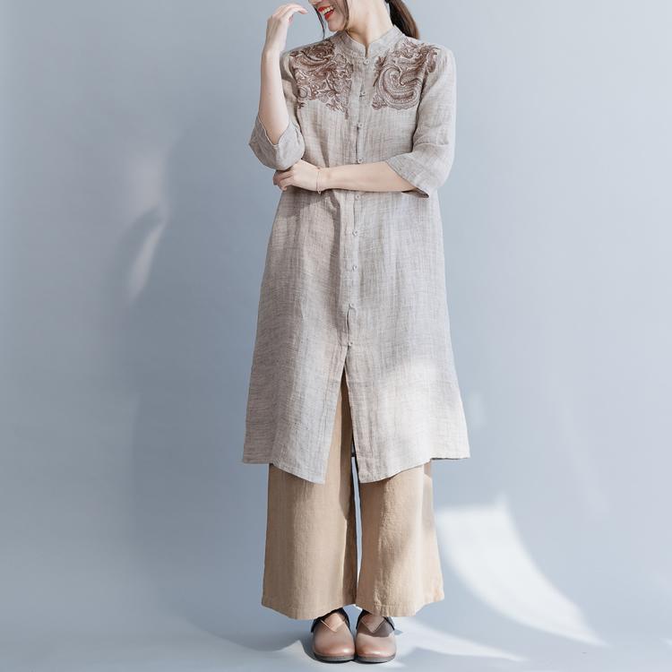 diy nude linen Tunic Pakistani Photography stand collar embroidery baggy spring shirts - Omychic