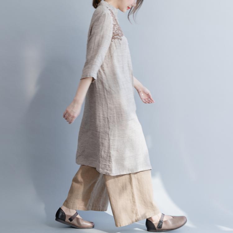 diy nude linen Tunic Pakistani Photography stand collar embroidery baggy spring shirts - Omychic