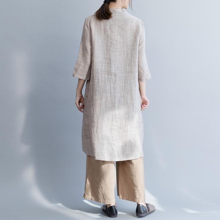 diy nude linen Tunic Pakistani Photography stand collar embroidery baggy spring shirts - Omychic