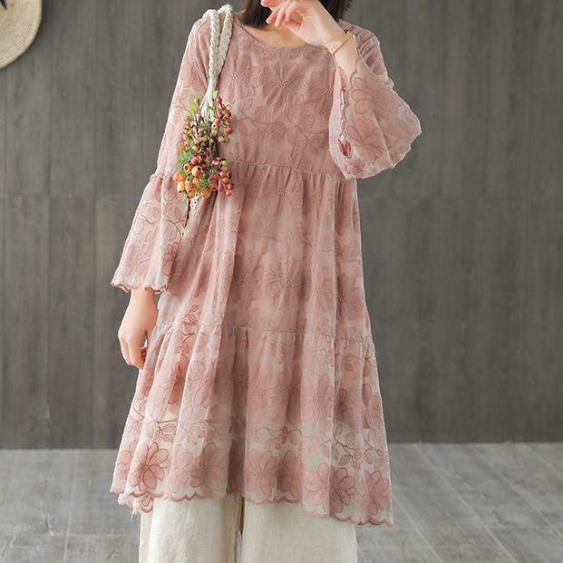 diy o neck embroidery dress tulle Fabrics pink Plaid Dresses summer - Omychic