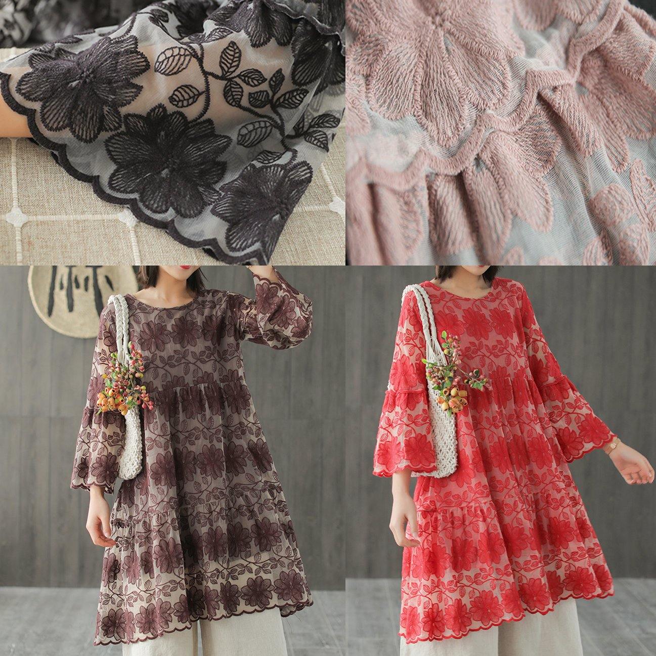 diy o neck embroidery dress tulle Fabrics pink Plaid Dresses summer - Omychic