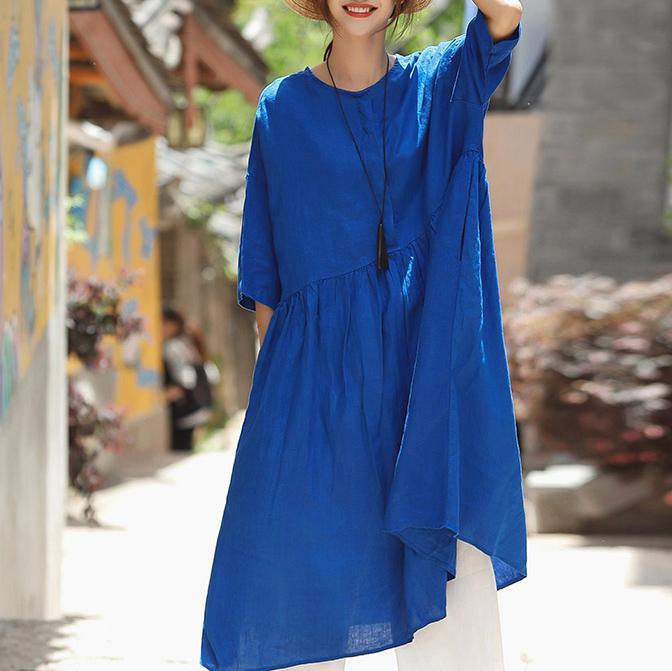 diy o neck large hem linen dresses plus size Fashion Ideas blue oversized Dress summer - Omychic