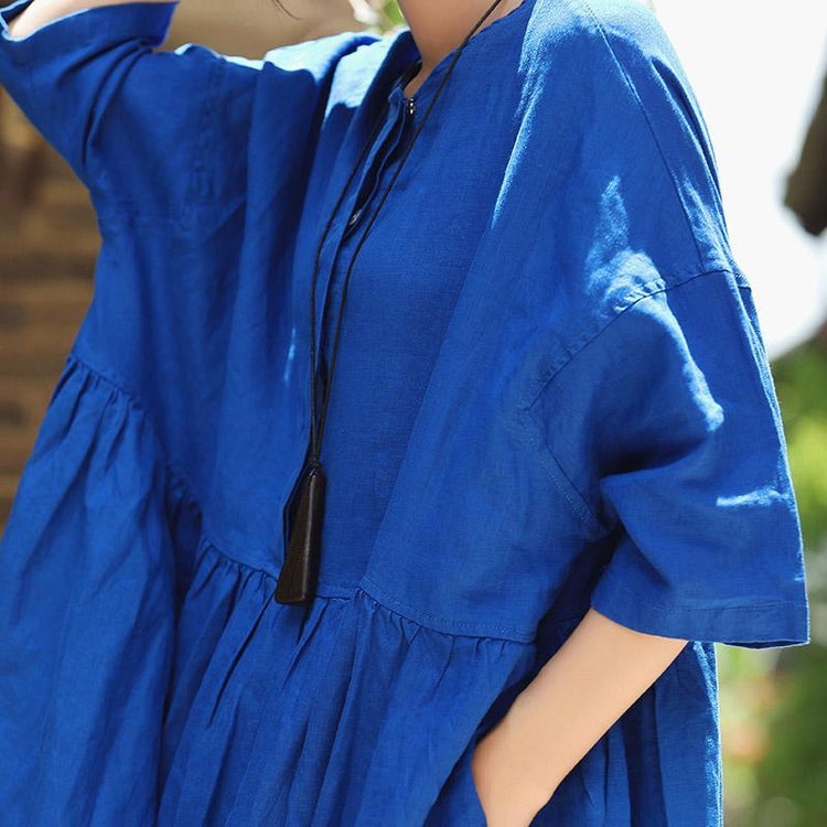 diy o neck large hem linen dresses plus size Fashion Ideas blue oversized Dress summer - Omychic